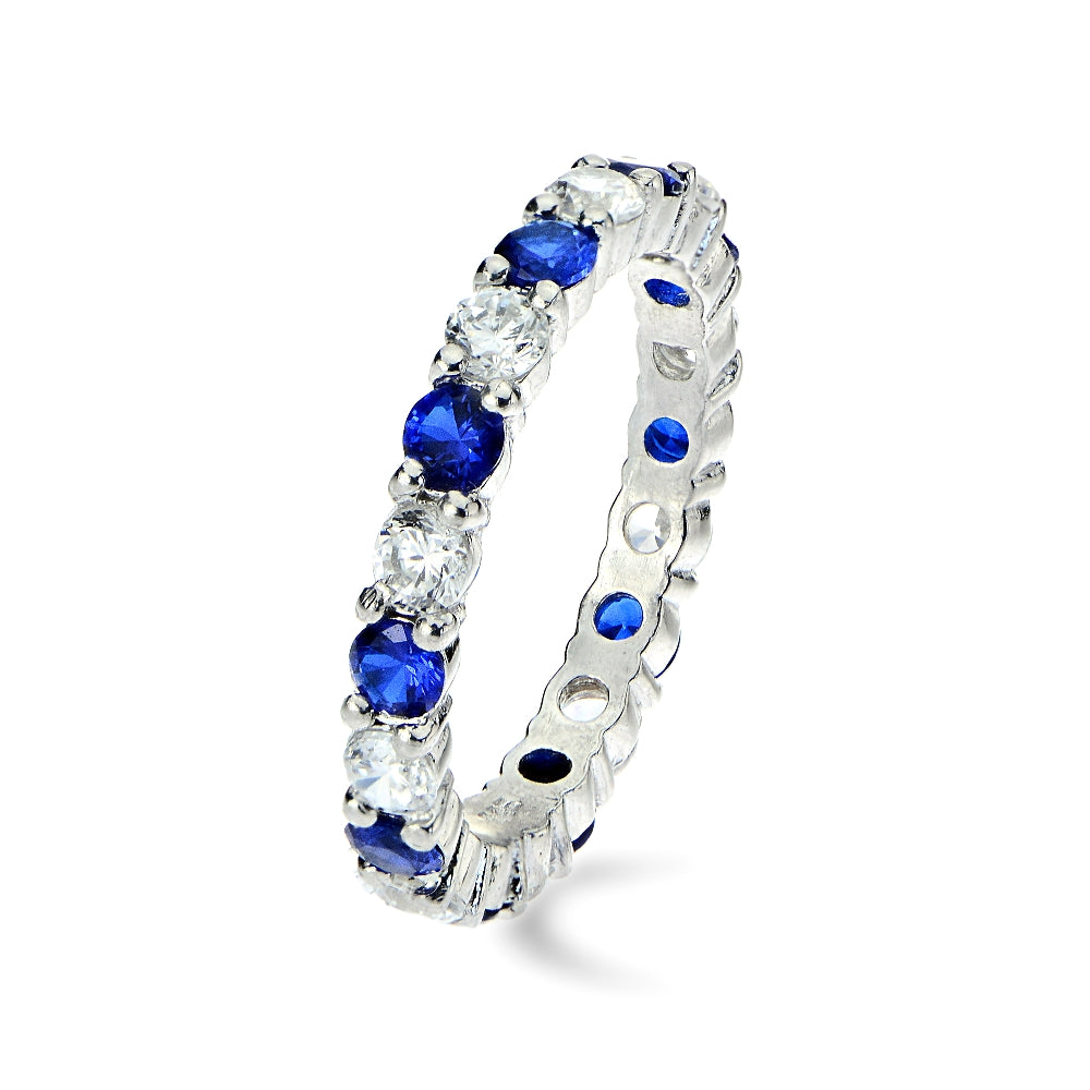 Sterling Silver Created Blue Sapphire and Cubic Zirconia Wedding Band Ring-3