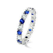 Sterling Silver Created Blue Sapphire and Cubic Zirconia Wedding Band Ring