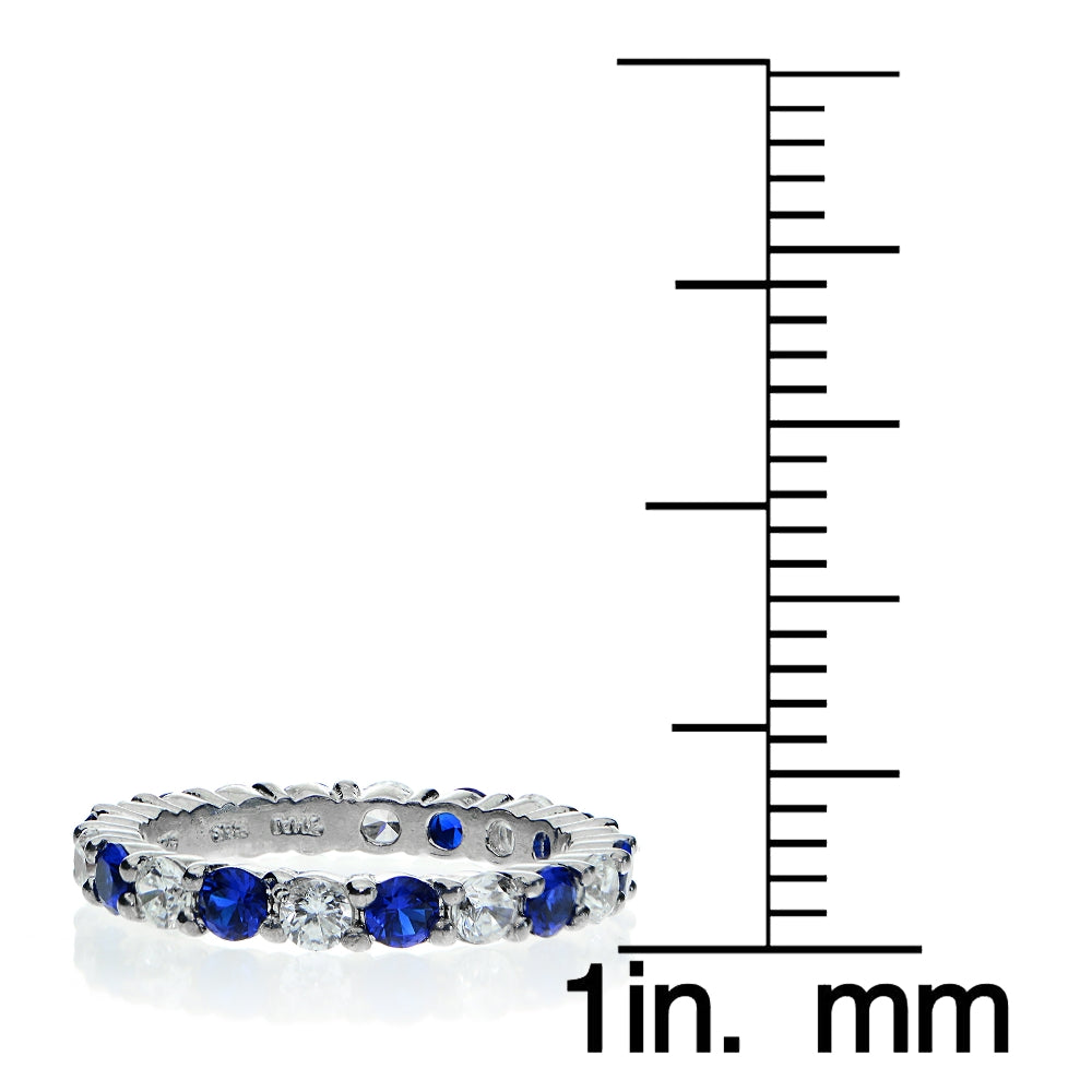 Sterling Silver Created Blue Sapphire and Cubic Zirconia Wedding Band Ring-4