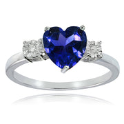 Sterling Silver Created Blue Sapphire and Diamond Accent Heart Ring