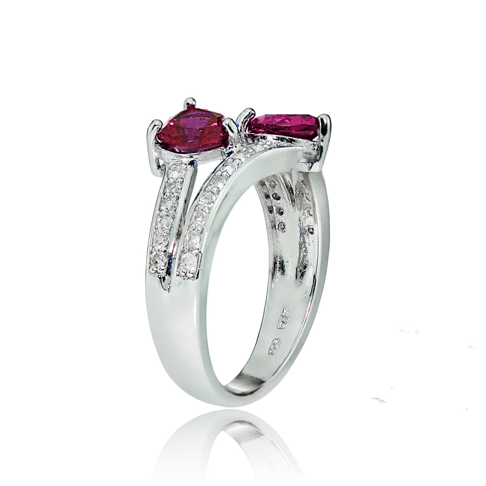 Sterling Silver Created Ruby and White Topaz Double Heart Friendship Ring-2