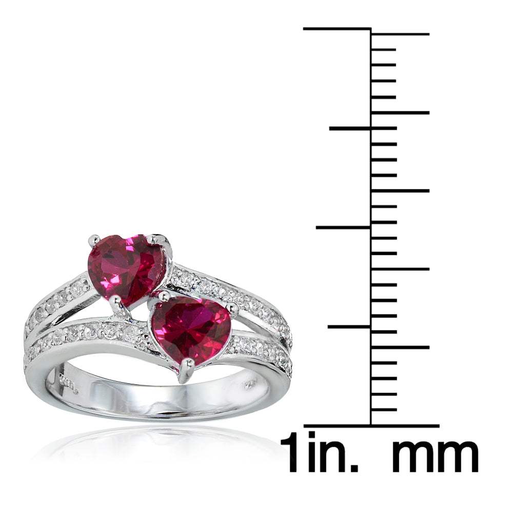 Sterling Silver Created Ruby and White Topaz Double Heart Friendship Ring-3