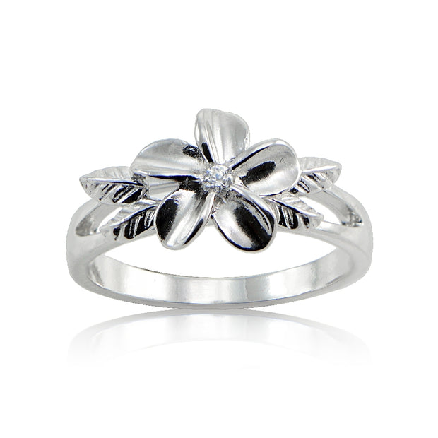 Sterting Silver Cubic Zirconia Maile Leaf Hawaiian Flower Band Ring,