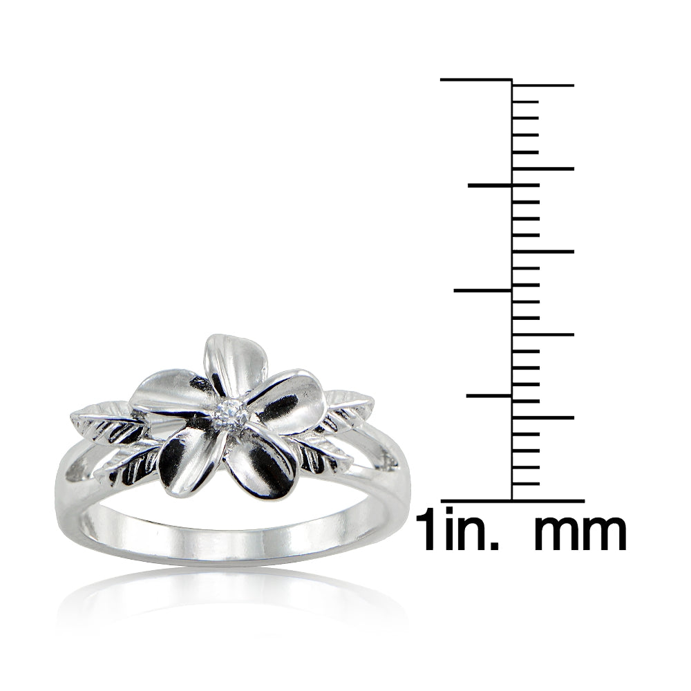 Sterting Silver Cubic Zirconia Maile Leaf Hawaiian Flower Band Ring,-2