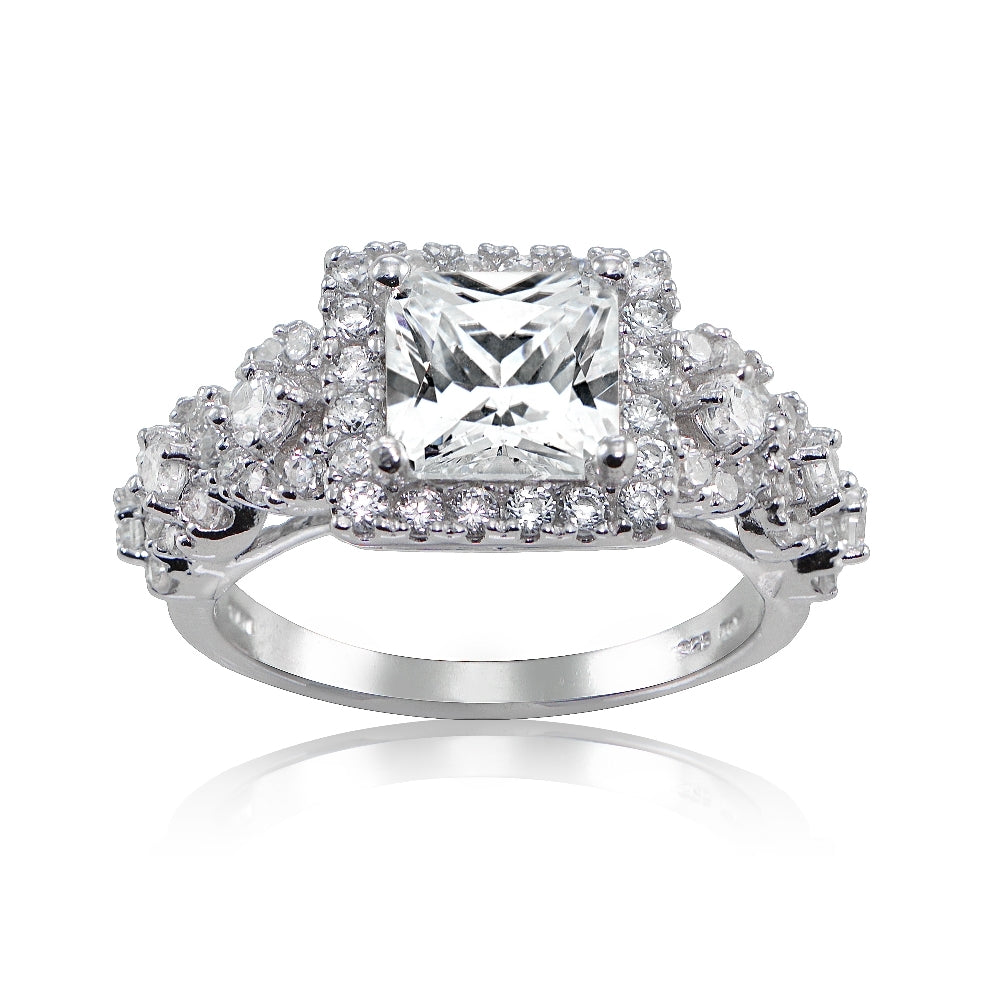 Sterling Silver Princess Cut Cubic Zirconia Halo Engagement Ring,