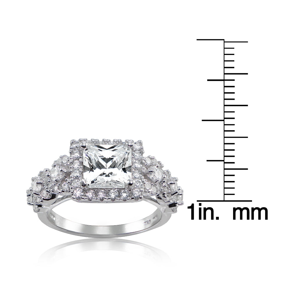 Sterling Silver Princess Cut Cubic Zirconia Halo Engagement Ring,-2