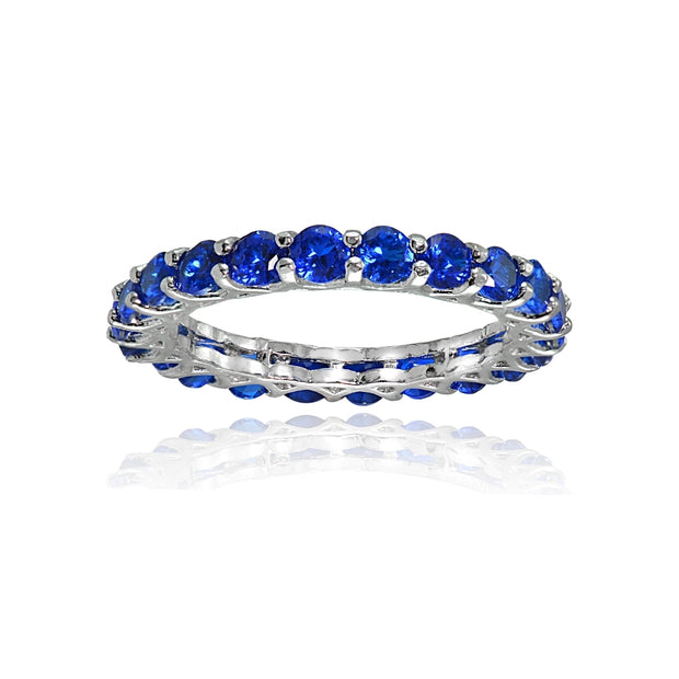 Sterling Silver Created Blue Sapphire 3mm Round-cut Eternity Band Ring