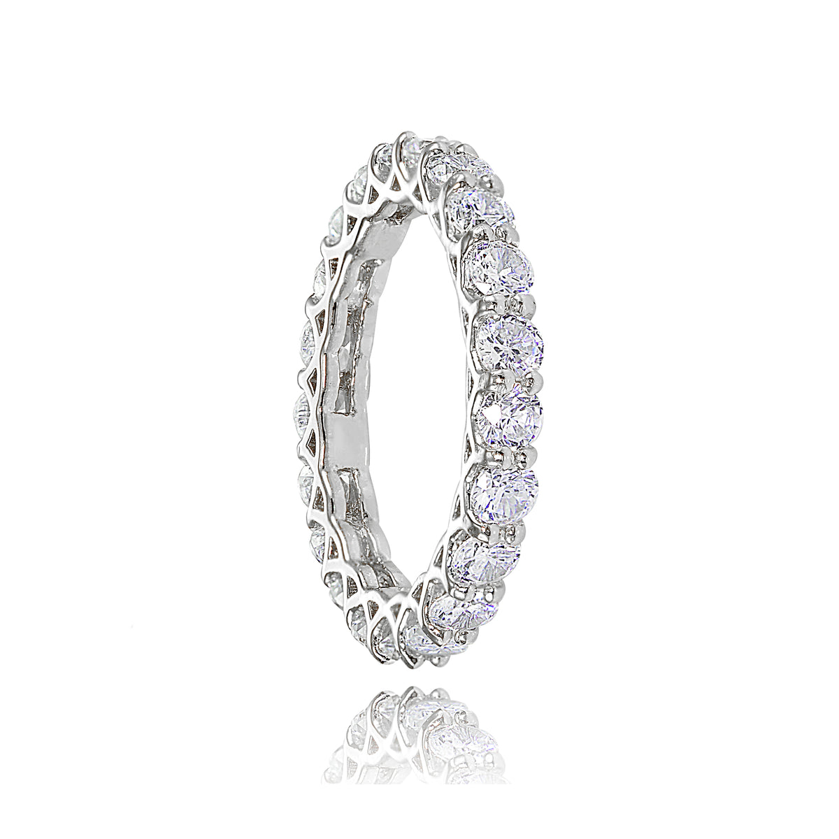 Sterling Silver Cubic Zirconia 3mm Round-cut Eternity Band Ring-2