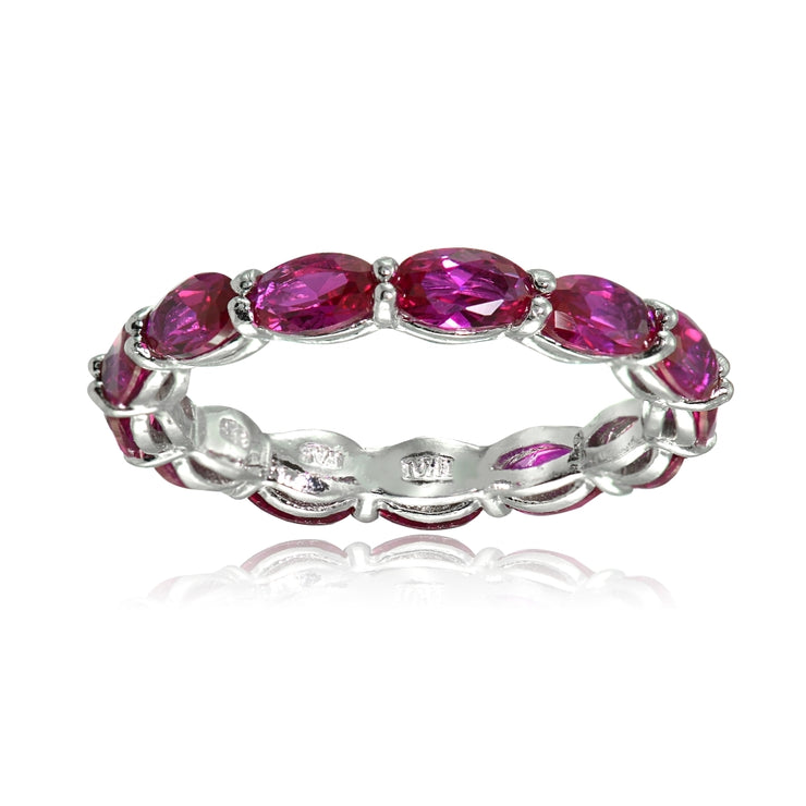 Sterling Silver Created Ruby x3mm Oval-cut Eternity Band Ring