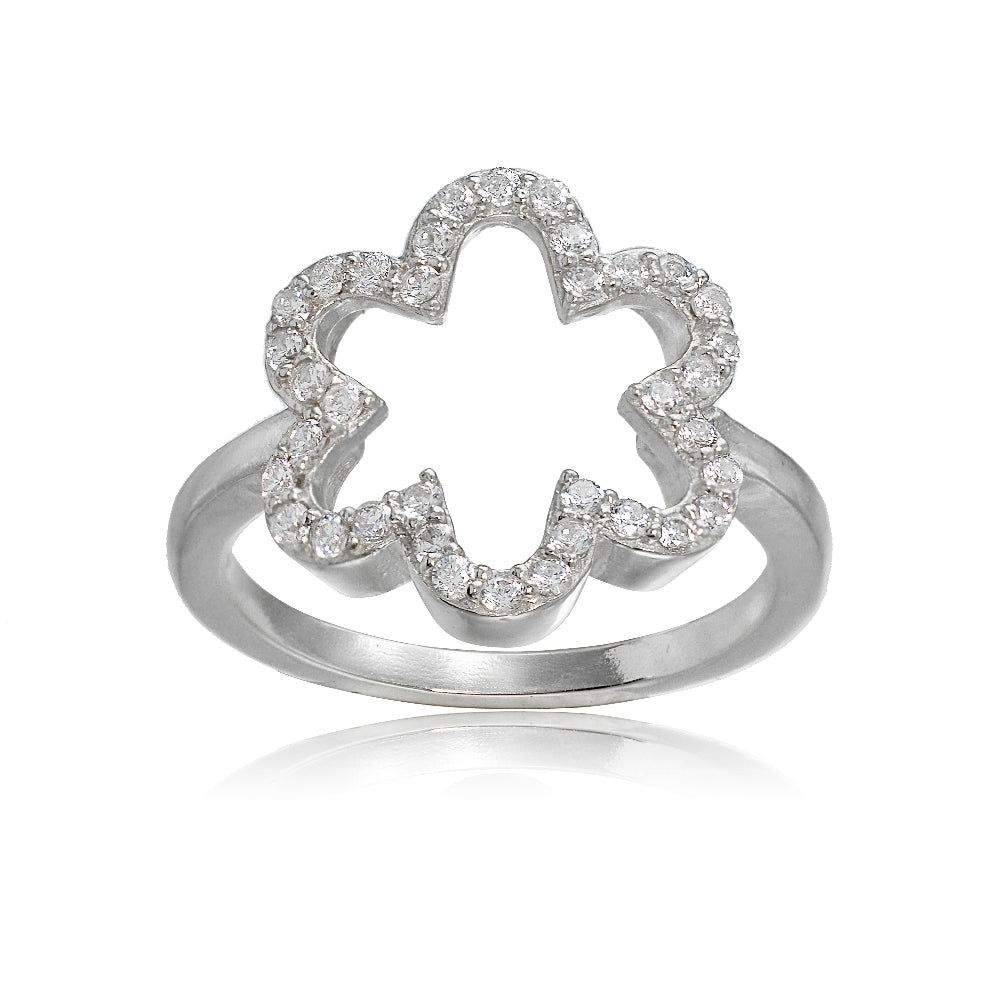 Sterling Silver Cubic Zirconia Open Flower Ring,