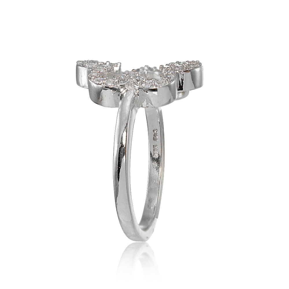 Sterling Silver Cubic Zirconia Open Flower Ring,-2