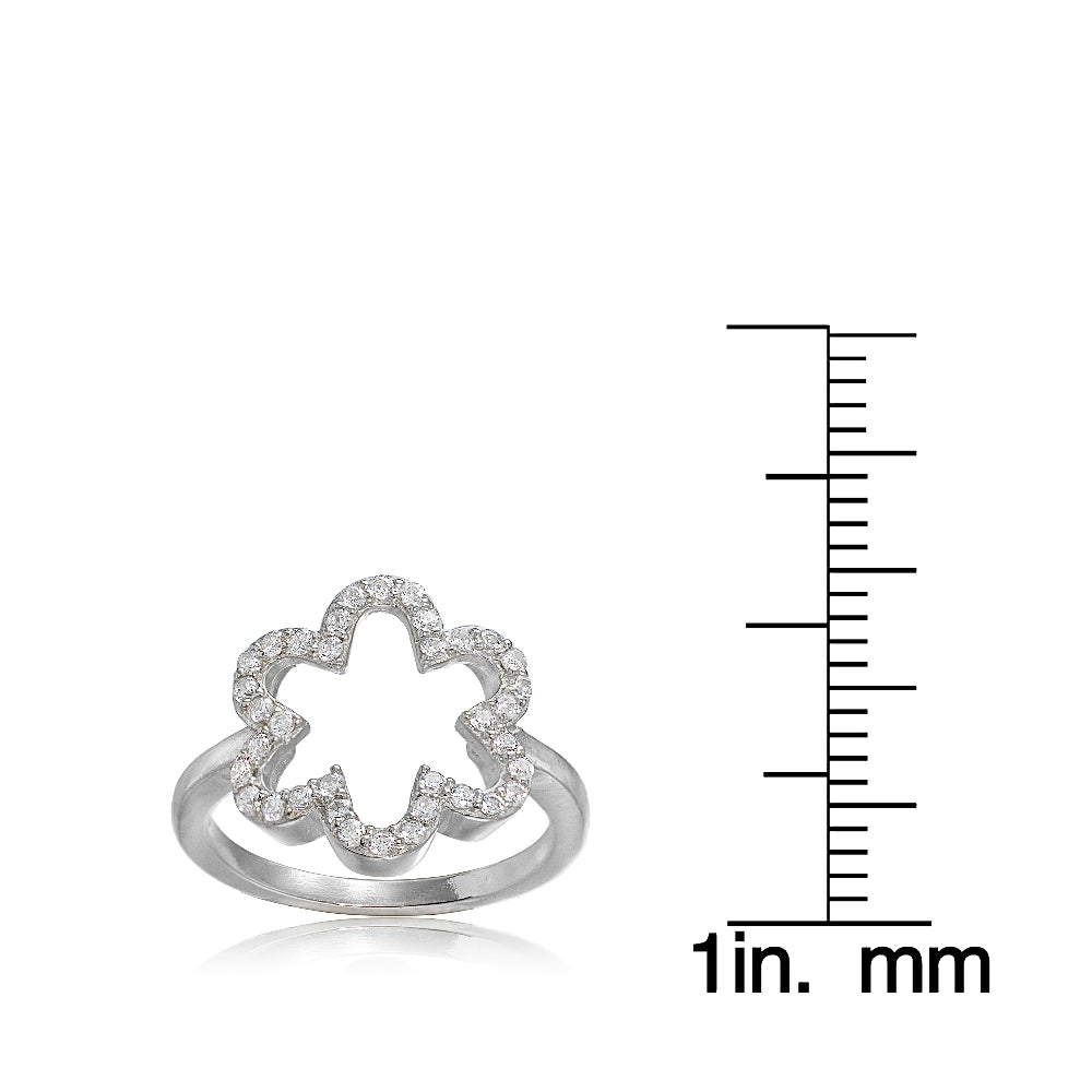 Sterling Silver Cubic Zirconia Open Flower Ring,-3