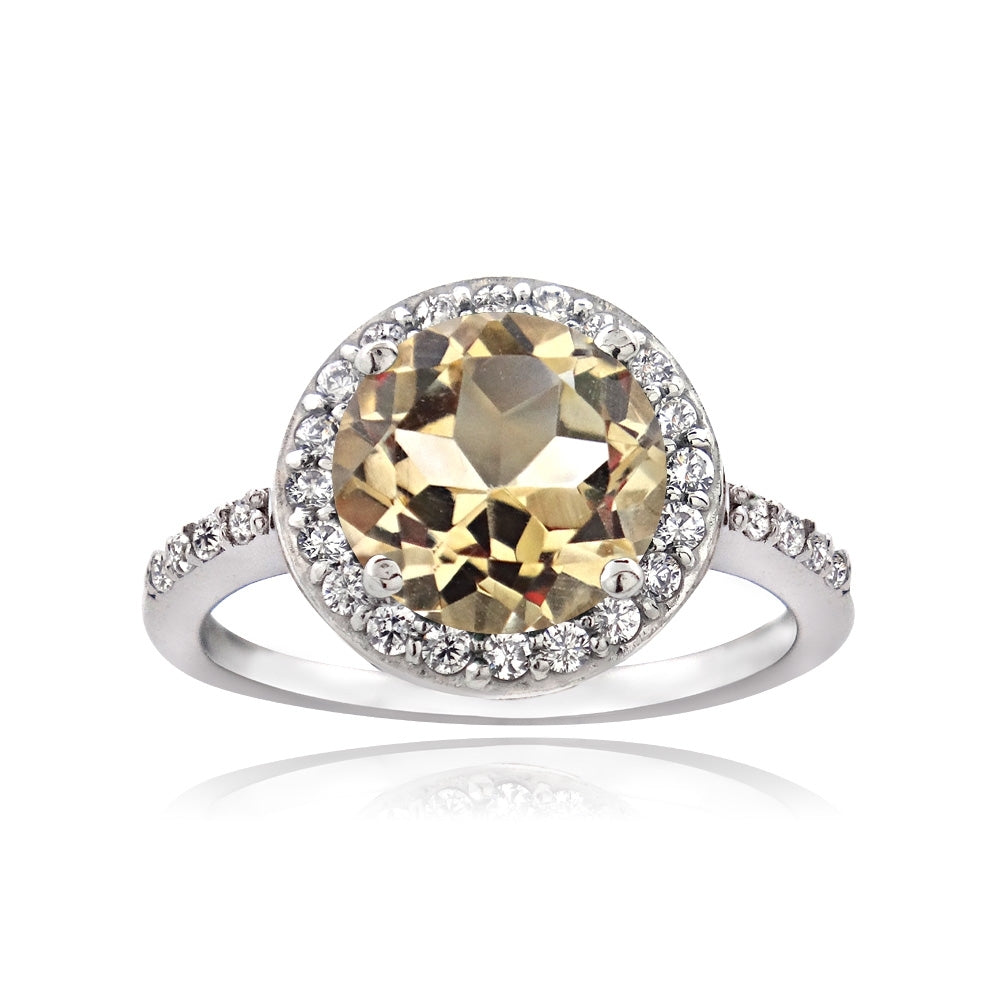 Sterling Silver Citrine and Cubic Zirconia Round Halo Ring,
