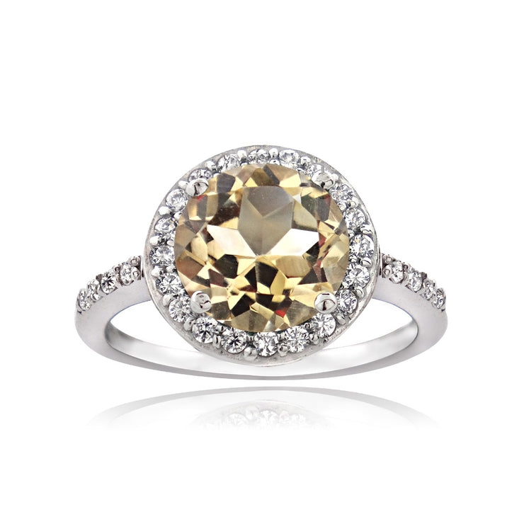 Sterling Silver Citrine and Cubic Zirconia Round Halo Ring,