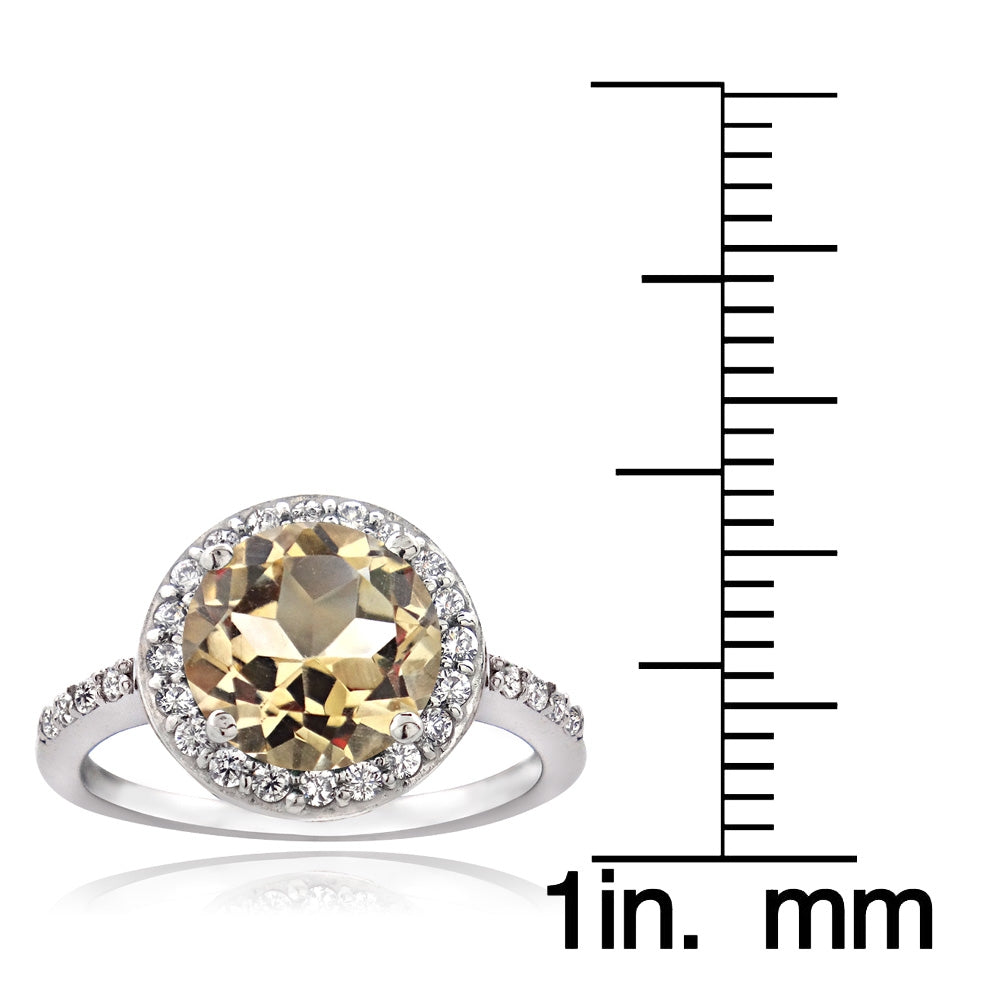 Sterling Silver Citrine and Cubic Zirconia Round Halo Ring,-3