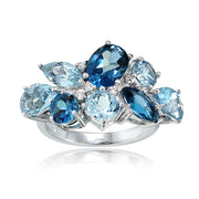 Sterling Silver London Blue, Blue Topaz, and White Topaz Cluster Tonal Ring