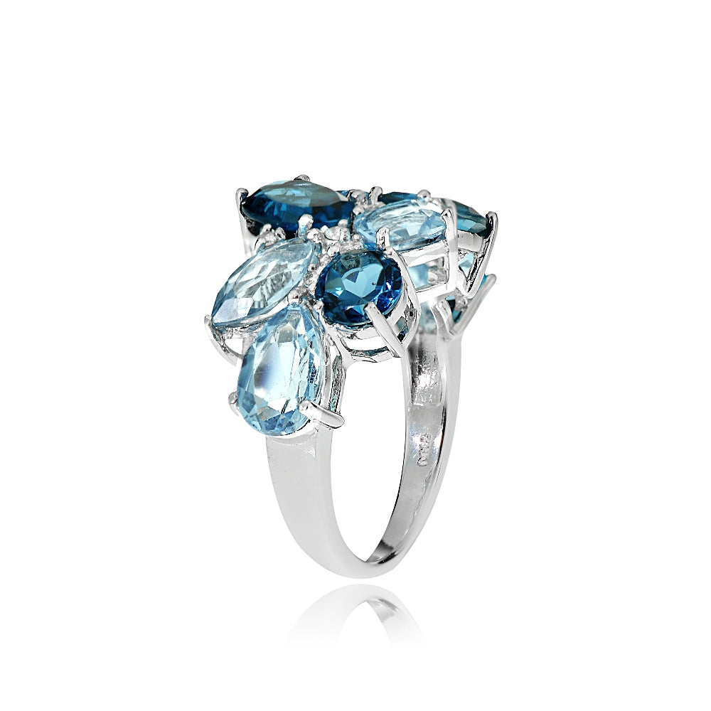 Sterling Silver London Blue, Blue Topaz, and White Topaz Cluster Tonal Ring-2