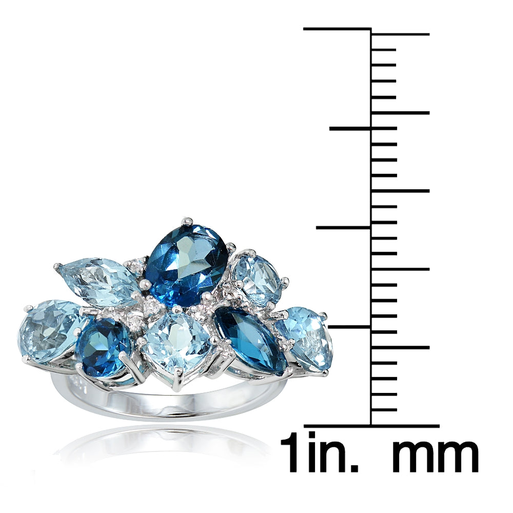 Sterling Silver London Blue, Blue Topaz, and White Topaz Cluster Tonal Ring-3