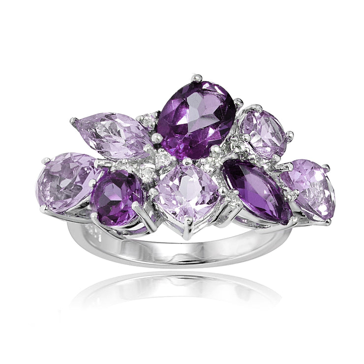 Sterling Silver African Amethyst, Amethyst, and White Topaz Cluster Tonal Ring