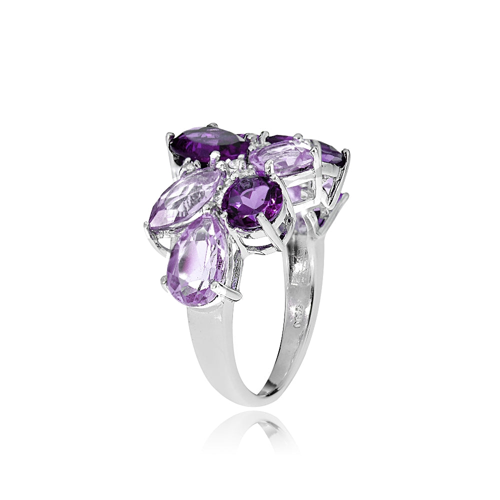 Sterling Silver African Amethyst, Amethyst, and White Topaz Cluster Tonal Ring-2