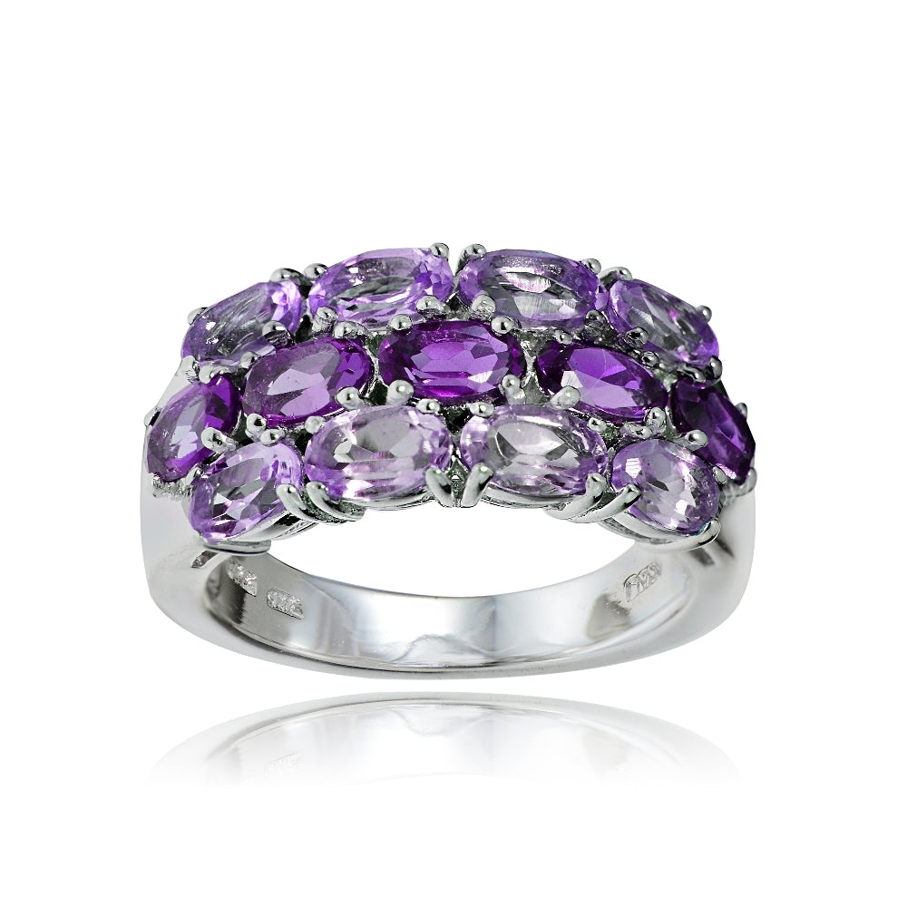 Sterling Silver African Amethyst and Amethyst 3-Row Ring