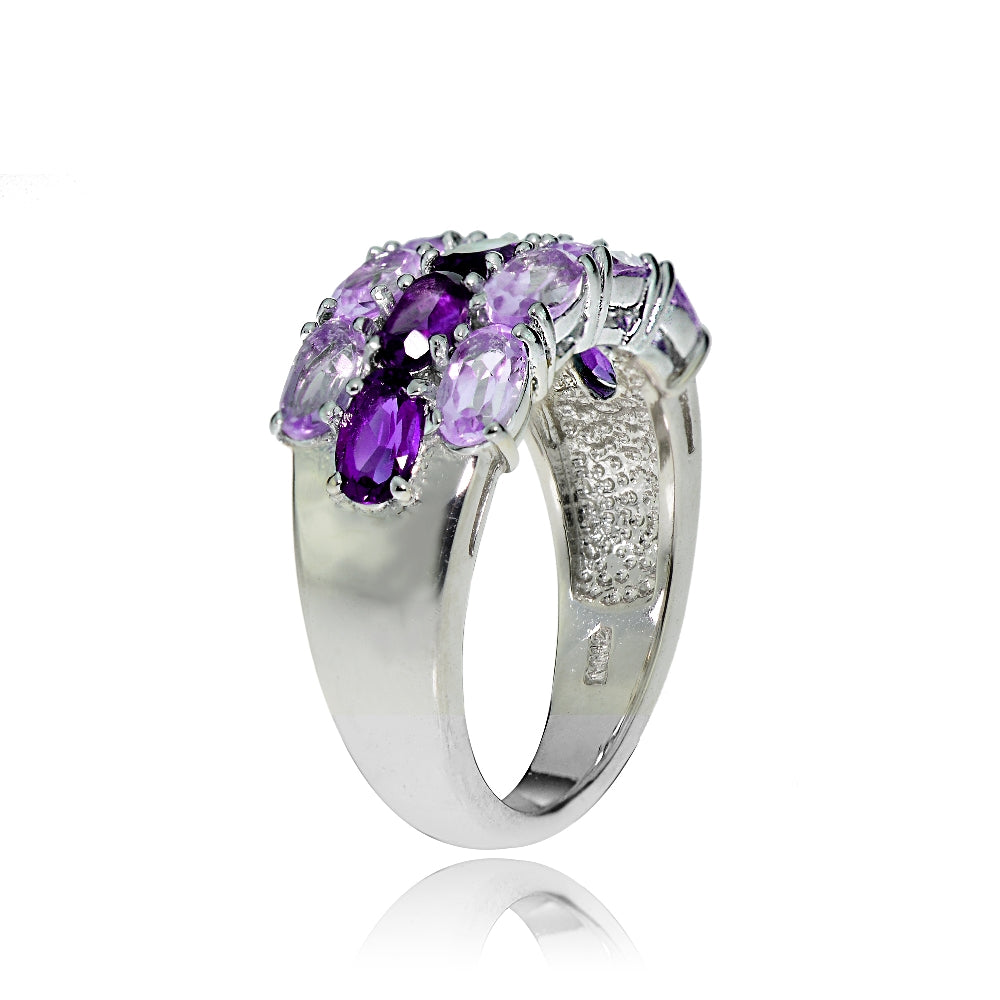 Sterling Silver African Amethyst and Amethyst 3-Row Ring-2