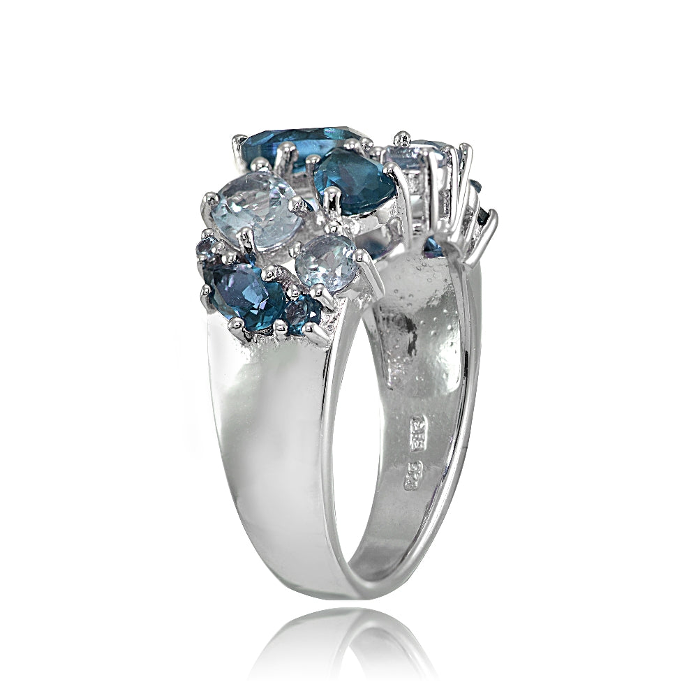 Sterling Silver London Blue Topaz and Blue Topaz Tonal Cluster Ring-2