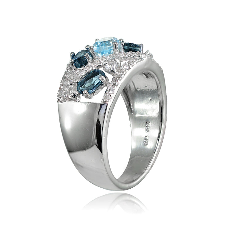 Sterling Silver London Blue, Blue and White Topaz Tonal Ring