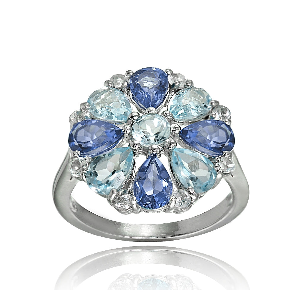 Sterling Silver Tanzanite, Aquamarine and White Topaz Flower Ring