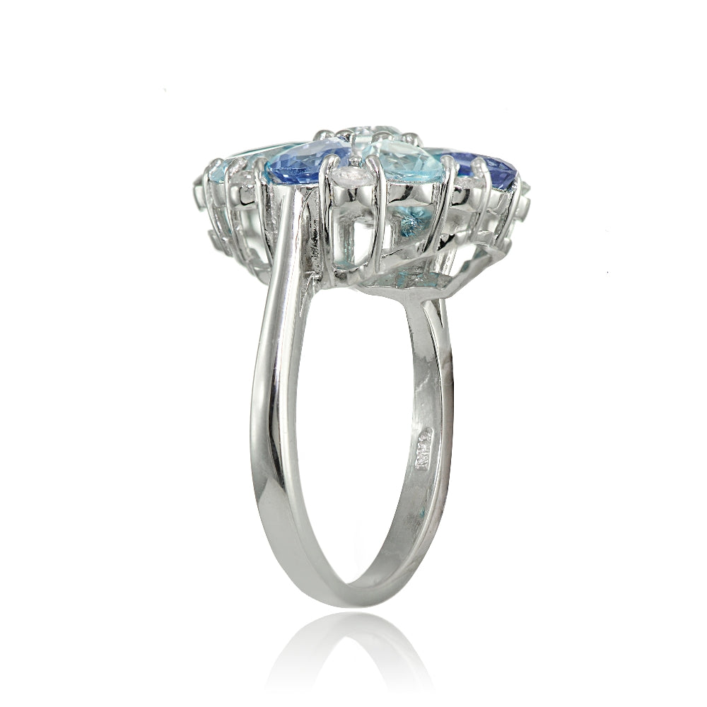 Sterling Silver Tanzanite, Aquamarine and White Topaz Flower Ring-2