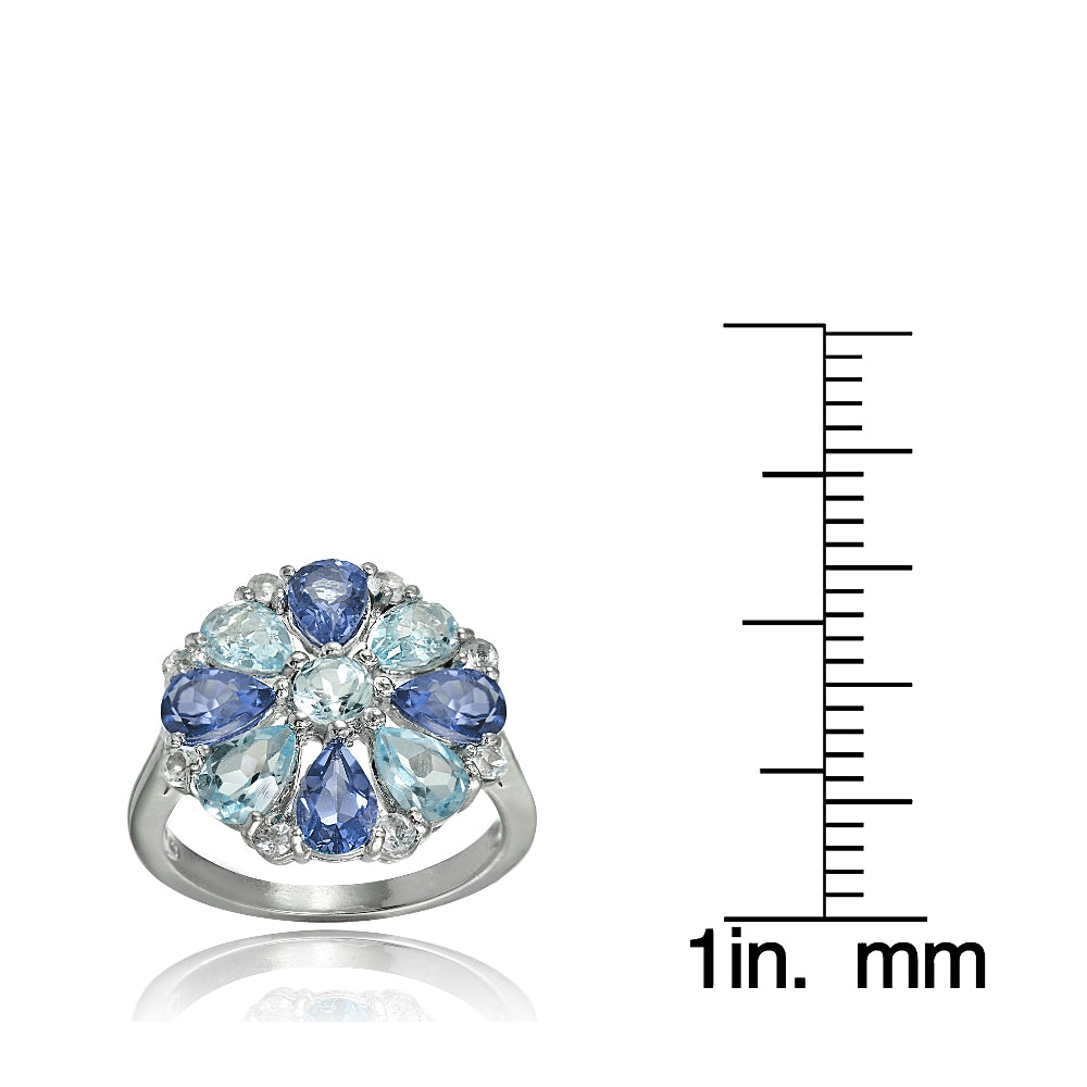 Sterling Silver Tanzanite, Aquamarine and White Topaz Flower Ring-3