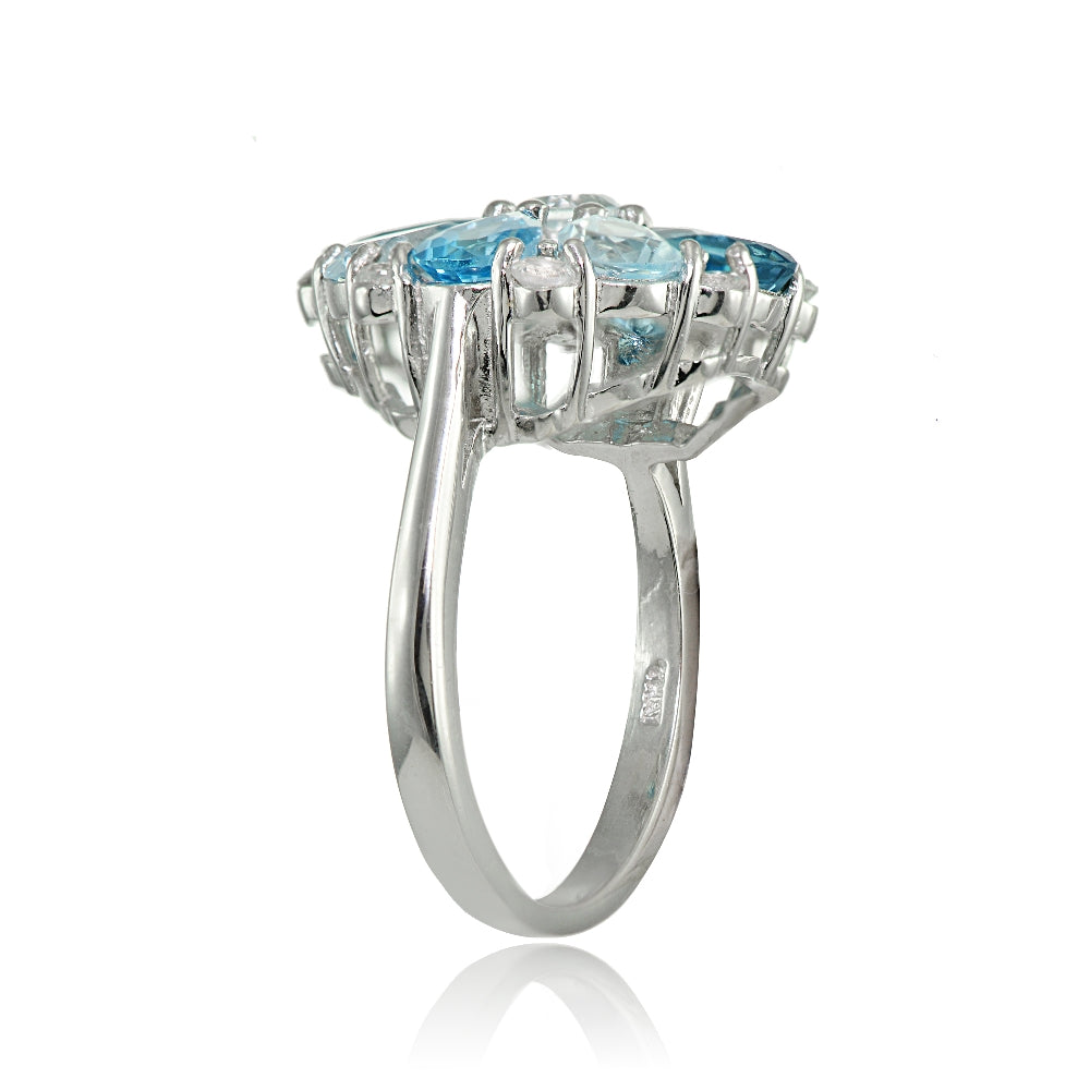 Sterling Silver London Blue, Blue and White Topaz Flower Ring-2