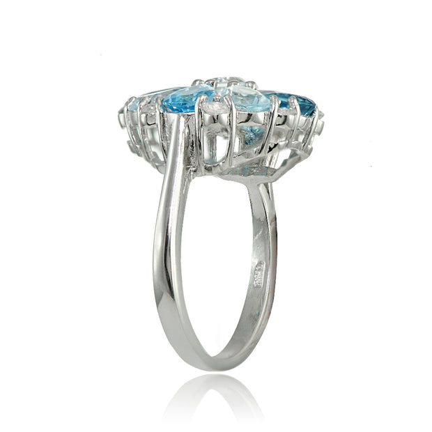 Sterling Silver London Blue, Blue and White Topaz Flower Ring