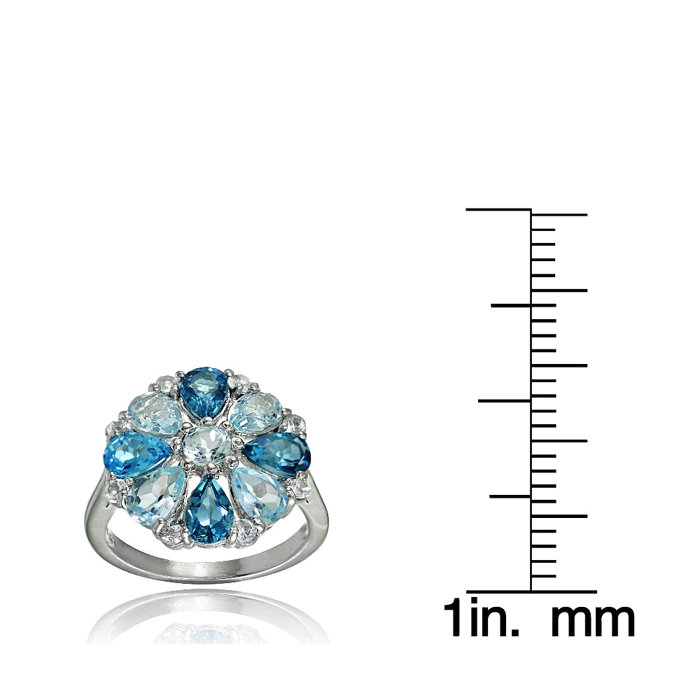 Sterling Silver London Blue, Blue and White Topaz Flower Ring-3