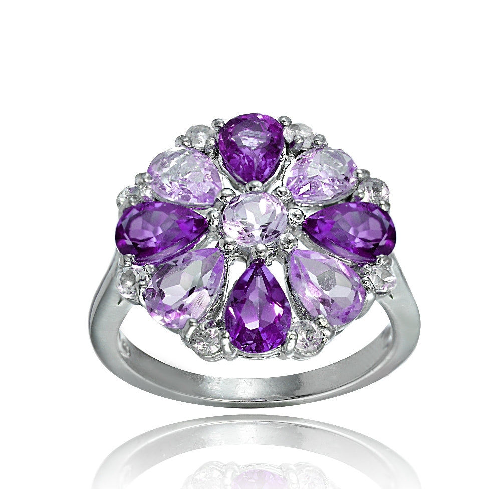 Sterling Silver African Amethyst, Amethyst and White Topaz Flower Ring