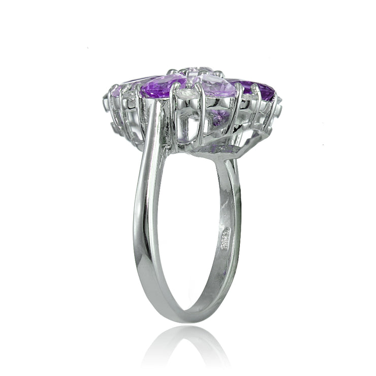 Sterling Silver African Amethyst, Amethyst and White Topaz Flower Ring