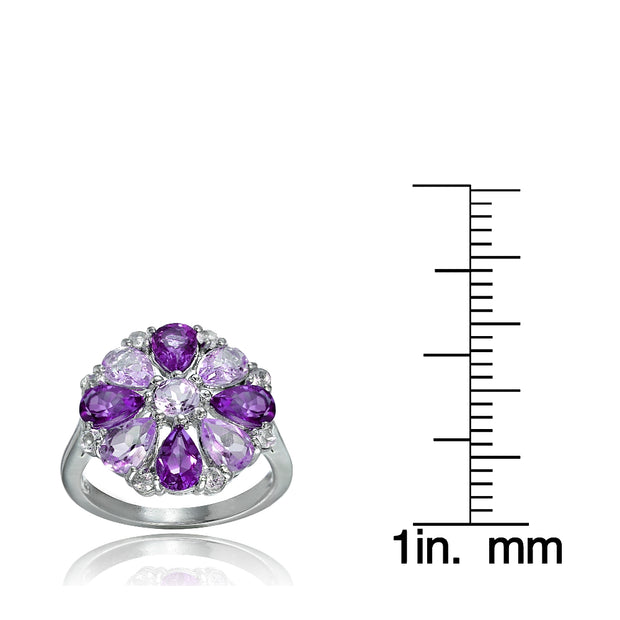 Sterling Silver African Amethyst, Amethyst and White Topaz Flower Ring