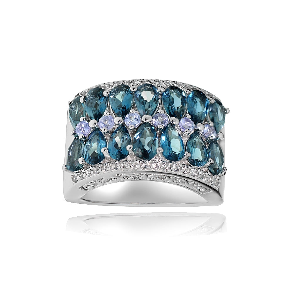 Sterling Silver Tanzanite, London Blue and White Topaz 2-row Ring