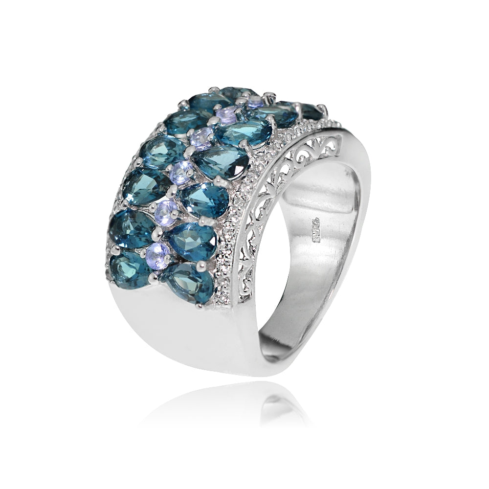 Sterling Silver Tanzanite, London Blue and White Topaz 2-row Ring-2
