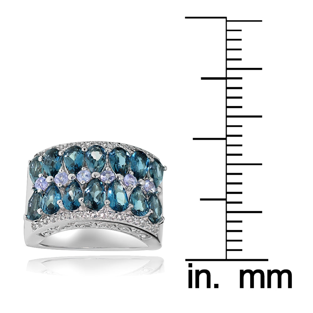 Sterling Silver Tanzanite, London Blue and White Topaz 2-row Ring-3