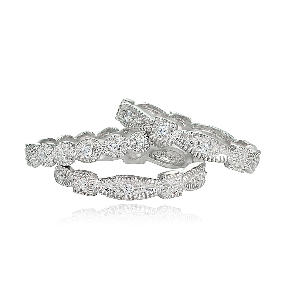 Sterling Silver Cubic Zirconia Textured Stackable Trio Ring Set-2