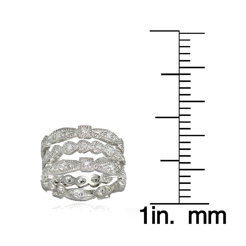 Sterling Silver Cubic Zirconia Textured Stackable Trio Ring Set-3