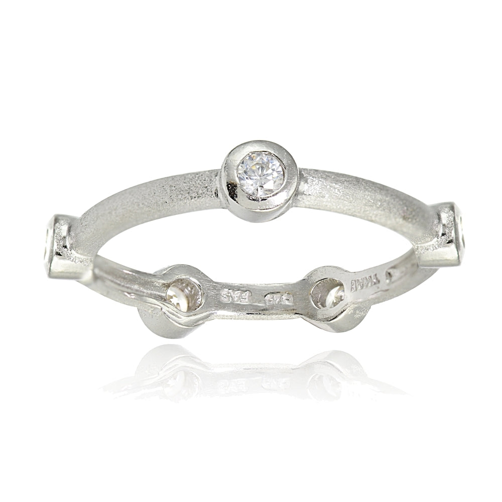 Sterling Silver Brushed Satin Cubic Zirconia Ring