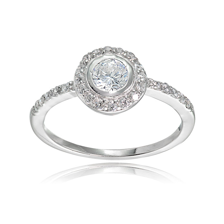 Sterling Silver Cubic Zirconia Round-cut Halo Bridal Engagement Ring