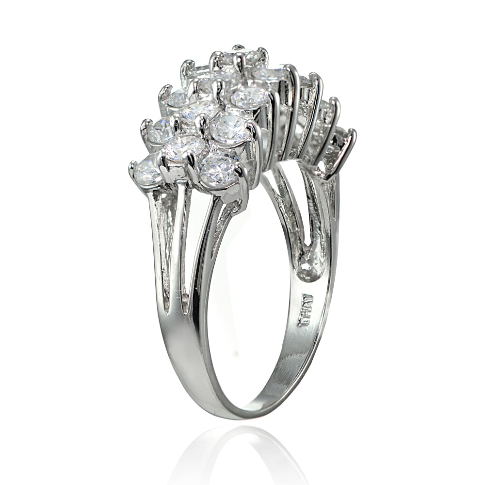 Sterling Silver Cubic Zirconia Three Row Half Eternity Anniversary Band Ring-2