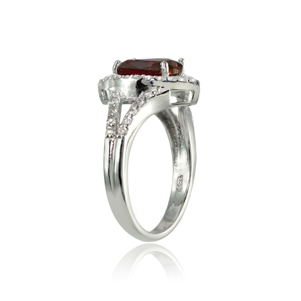 Sterling Silver Garnet and White Topaz Oval Fashion Split Shank Ring-2