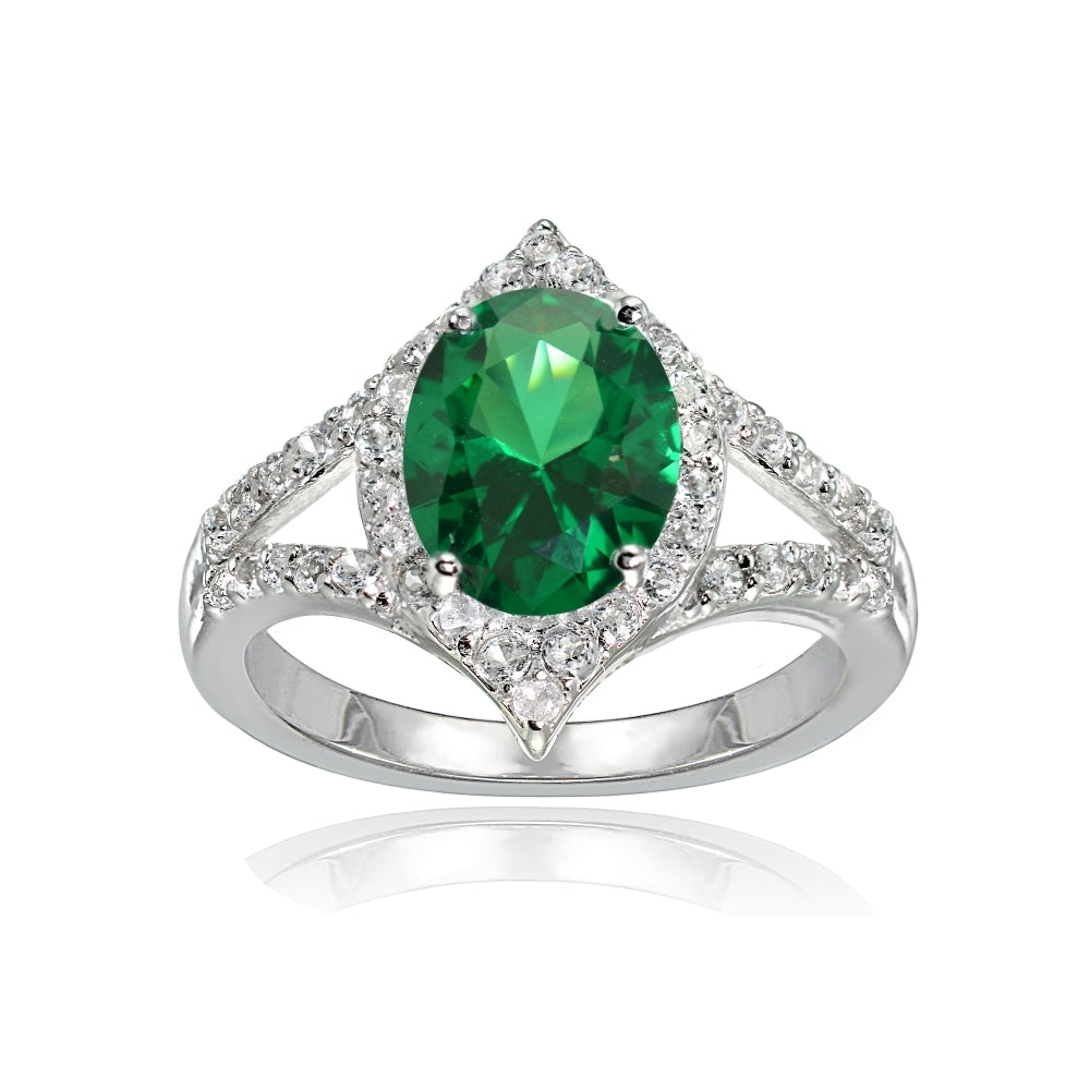 Sterling Silver Simulated Emerald and White Topaz Oval Fashion Split Shank Ring, Size 9