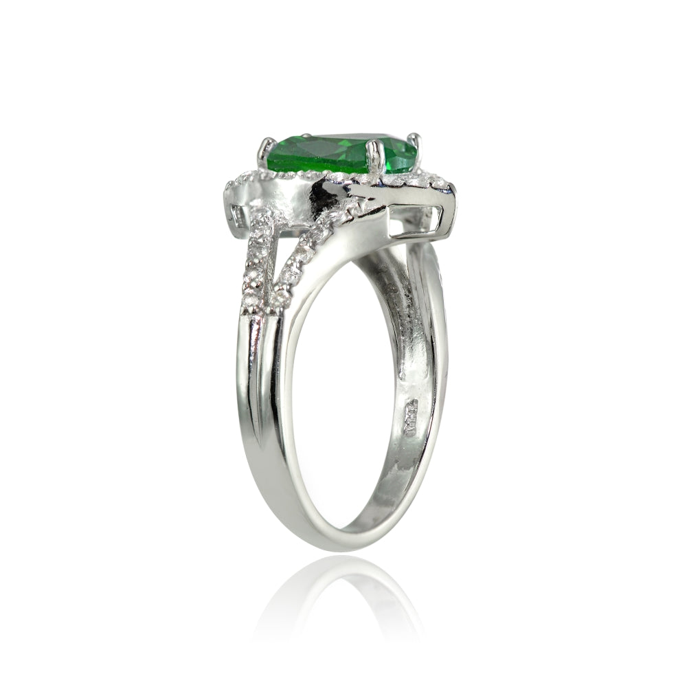 Sterling Silver Simulated Emerald and White Topaz Oval Fashion Split Shank Ring, Size 9-2
