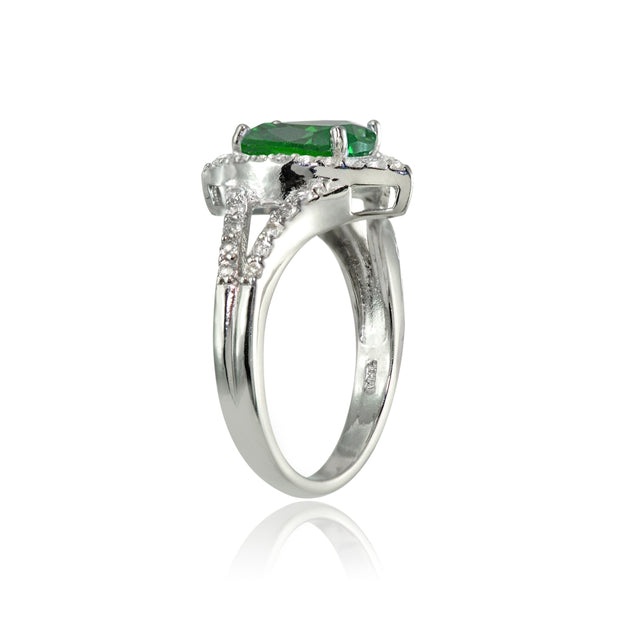 Sterling Silver Simulated Emerald and White Topaz Oval Fashion Split Shank Ring, Size 9