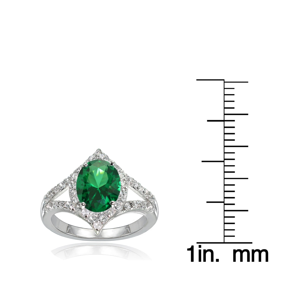 Sterling Silver Simulated Emerald and White Topaz Oval Fashion Split Shank Ring, Size 9-3